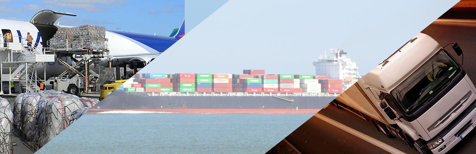 Avião de carga, navio porta-contêineres e caminhão